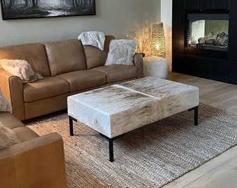Custom made cowhide and steel ottoman - Select your own hide pattern and color - LFO49