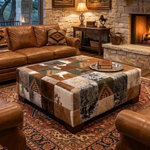 Könnte beinhalten: Ein rustikales Wohnzimmer mit Steinkamin, Ledermöbeln und einem Ottomanen aus Kuhfell. Der Raum verfügt über ein großes Fenster mit Aussicht, Holzbalken und dekorative Lampen. Über dem Kamin hängt ein Longhorn-Schädel.