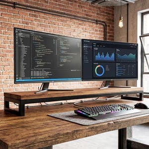 May include: A wooden desk with a dark metal frame and a matching wooden monitor stand. Two computer monitors are placed on the stand, displaying code and data charts. A mechanical keyboard and a mouse sit on a gray mat on the desk surface.