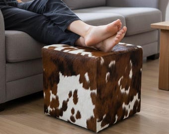 Cowhide Footstool Cube, Handmade in the UK, Genuine Cowhide Ottoman - FSC