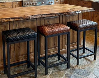 Diamond Stitched Leather Bar Stool, Steel Frame, Counter Stool, Kitchen Seating, Modern Barstool - FP