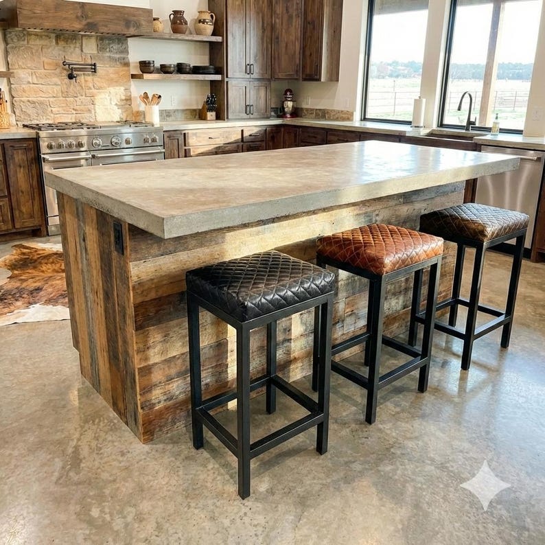Diamond Stitched Leather Bar Stool, Steel Frame, Counter Stool, Kitchen Seating, Modern Barstool - FP image 3