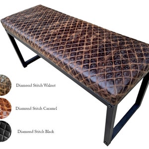 Steel Bench with Diamond Stitched Leather Seat, Entryway Dining Bedroom Shoe Furniture - FPB