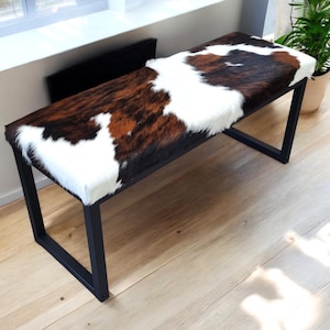 Genuine cowhide and matte black steel bench for entry way, bedroom, dining - FPB