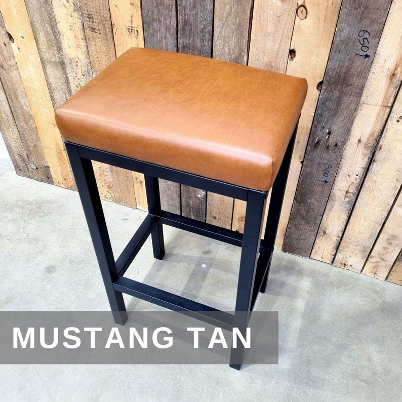Genuine Leather Bar Stool with Steel Frame, Counter Height Kitchen Island Stool, Modern Barstools, Leather Seat