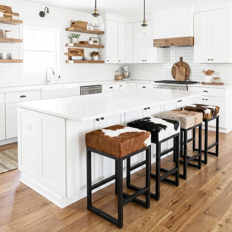 Premium Cowhide Kitchen Counter Height Stools With Gold or Black Steel ...