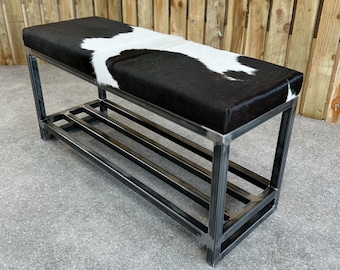 Cowhide shoe rack bench / Entry way bench, boot rack, shoe rack with seating, shoe storage bench