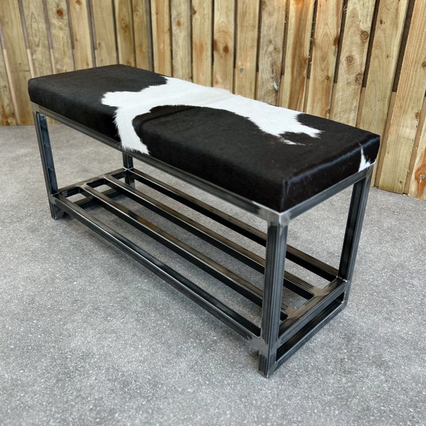 Cowhide shoe rack bench / Entry way bench, boot rack, shoe rack with seating, entryway & mudroom furniture