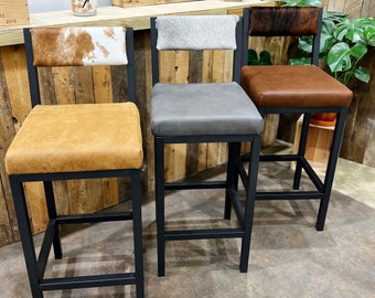 Cowhide and leather bar stool / cowhide and leather counter stool with backs - FPBK- (price is per stool)