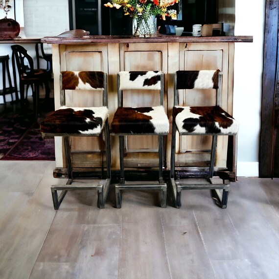 Cowhide Bar Stools With Backs Cowhide Counter Stools Genuine Cowhide and Steel Frame Handmade RGBK Etsy Canada