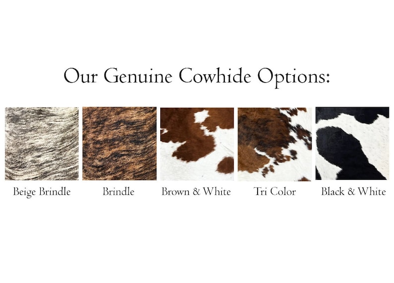 May include: Five cowhide samples in different patterns: beige brindle, brindle, brown and white, tri color, and black and white.