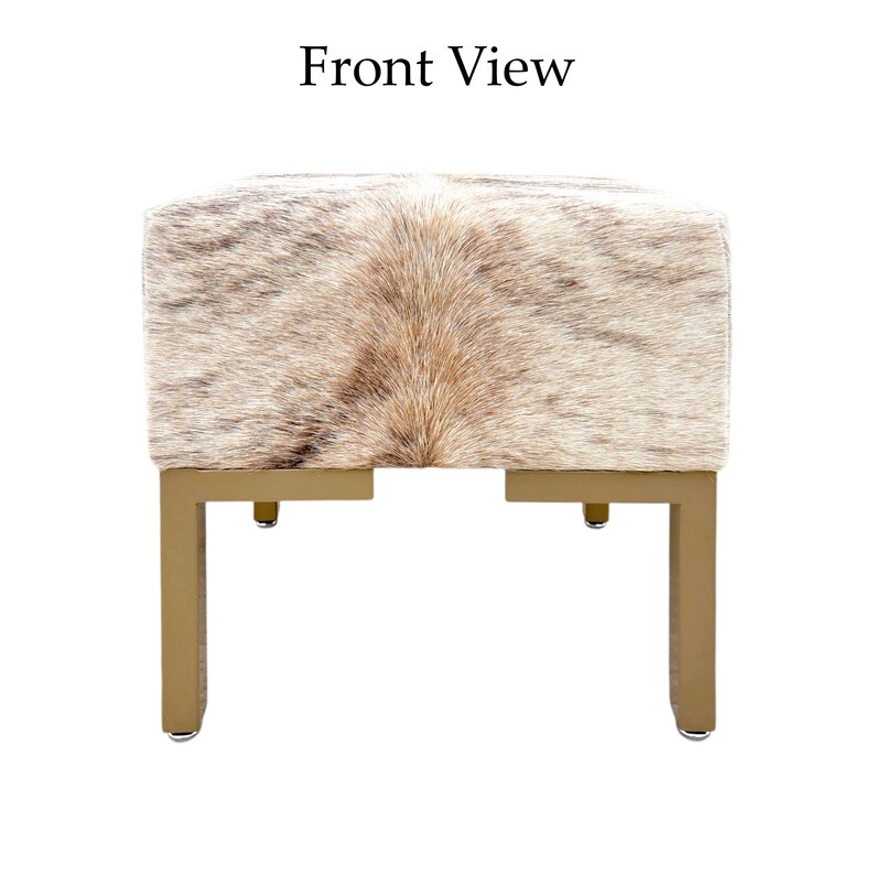 May include: A square ottoman with a cowhide top in shades of brown, tan, and cream. The ottoman has a gold-colored metal frame with four legs. The text "Front View" is at the top of the image.