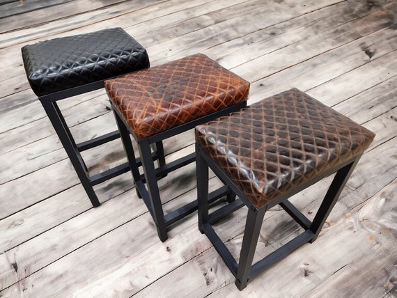 Diamond Stitched Leather Bar Stool, Steel Frame, Counter Stool, Kitchen Seating, Modern Barstool - FP