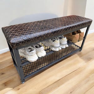 Genuine diamond stitched leather and steel shoe storage bench with 2&quot; padded seat top (b)