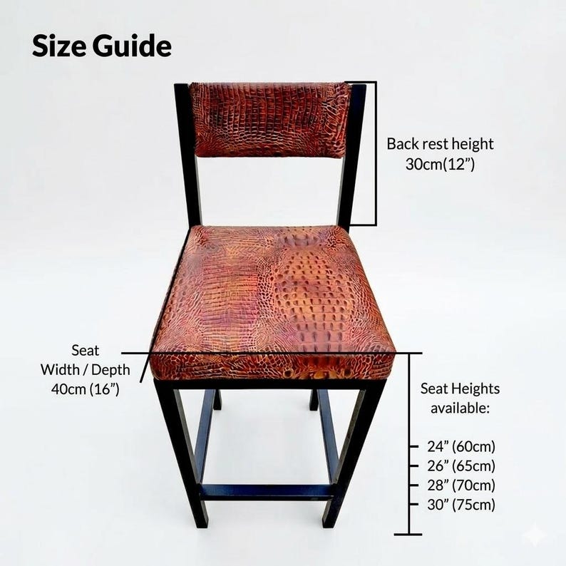 May include: A black-framed chair with a seat and backrest featuring a reddish-brown, textured pattern. The back rest height is 12 inches (30cm), and the seat width/depth is 16 inches (40cm). Seat heights available: 24", 26", 28", and 30". The text "Size Guide" is at the top.