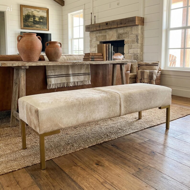 May include: A rectangular bench featuring a light beige, textured hide upholstery and four straight, metallic gold-toned legs. The bench is positioned horizontally in a room, showcasing a smooth, continuous top surface and a clean, structured frame design.