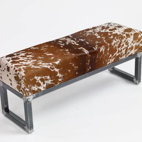 Premium Cowhide topped Steel bench / ottoman seat 2 person -  Handmade in England 110 X 38cm - IN STOCK