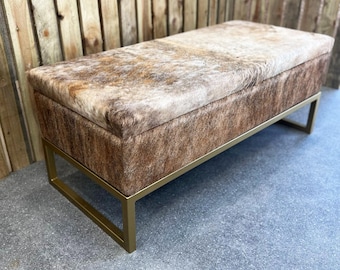 Cowhide and Steel upholstered Storage Bench, Perfect for end of bed storage!