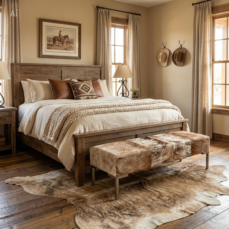 Genuine Cowhide Upholstered Bedroom Bench, End of Bed Bench, Entryway Bench, Modern Bed Bench - LFB70 image 1