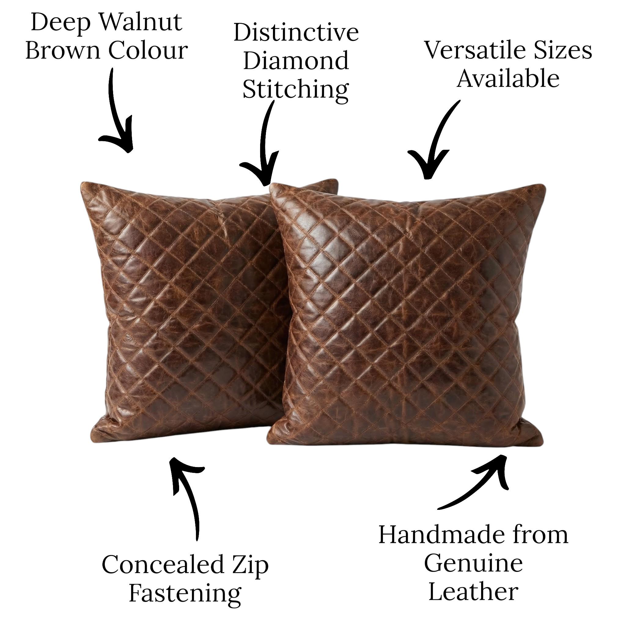 Handmade Leather Cushion Cover | Genuine Diamond Stitch Walnut