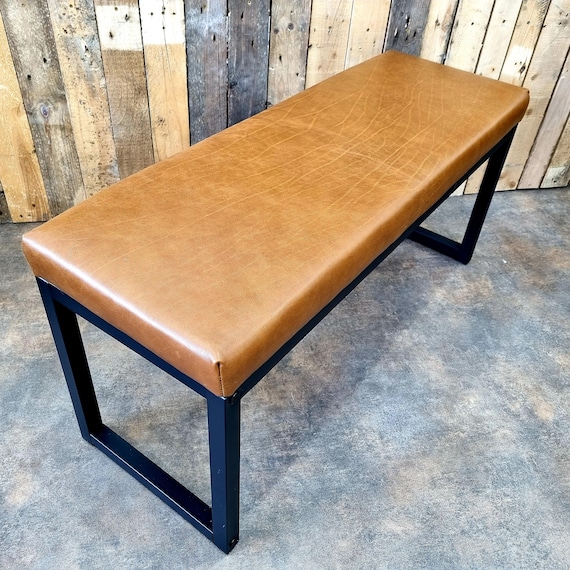 Genuine Leather Upholstered Entryway Bench, Steel Frame Shoe Rack, Entry Bench with Storage, Piano Bench Seating - FPB