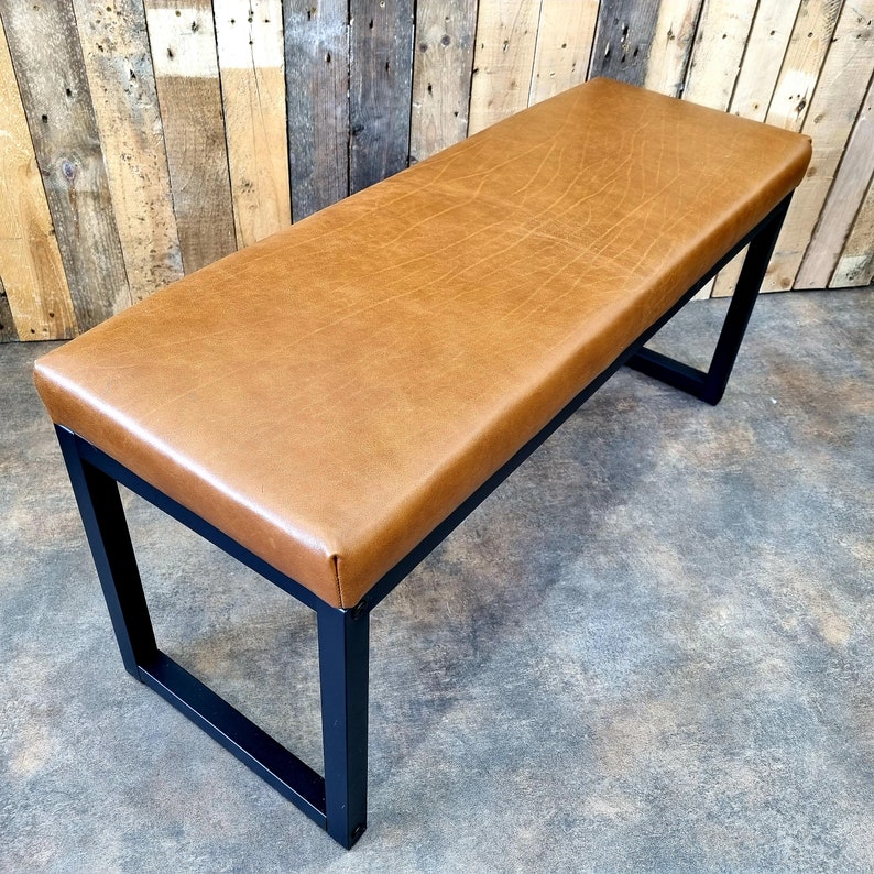 Genuine Leather Upholstered Entryway Bench, Steel Frame Shoe Rack, Entry Bench with Storage, Piano Bench Seating