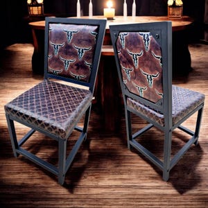 Texas Longhorn Genuine Leather Dining Chair With diamond Stitched Seat - FPDC