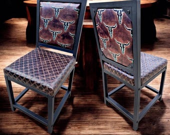 Texas Longhorn Genuine Leather Dining Chair With diamond Stitched Seat - FPDC