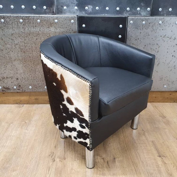 Genuine cowhide and leather tub chair, bucket set, arm chair, compact size