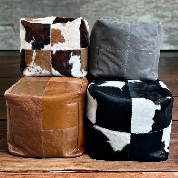 Cowhide foot stool / beanbag / pouf - Handmade - 16 x 16 x 16 inches (40 x 40 x 40cm)