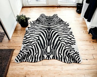 Tapete de couro de vaca | Couro de vaca com estêncil de estampa de zebra em preto e branco