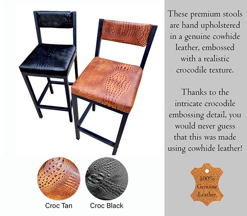 May include: Two bar stools with black metal frames. One stool has a black crocodile-embossed leather seat and back, the other has a tan crocodile-embossed leather seat and back. The stools are made of genuine cowhide leather.