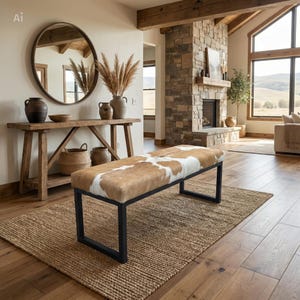 Cowhide and Steel Entry Way Bench, Modern Dining Bench, Entry Bench, Industrial Style Seating - FPB image 3