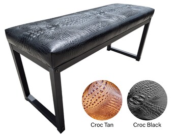 Crocodile genuine Leather bench with embossed crocodile look pattern | cowhide leather upholstery + black steel frames - FPB