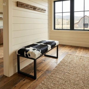 Cowhide and Steel Entry Way Bench, Modern Dining Bench, Entry Bench, Industrial Style Seating - FPB image 9