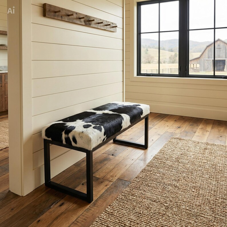Cowhide and Steel Entry Way Bench, Modern Dining Bench, Entry Bench, Industrial Style Seating - FPB image 9