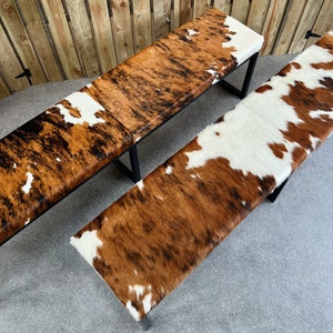 May include: Two brown and white cowhide benches with black metal legs. The benches are on a gray concrete floor.