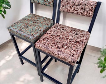 Genuine Leather Roses Embossed Barstool with Back, Counter Height Stool, Kitchen Counter Chair, Metal Frame - FPBK