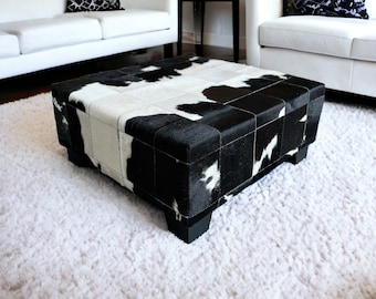 Cowhide ottoman | Black and white patchwork cowhide footstool | Handmade - FREE SHIPPING - FO