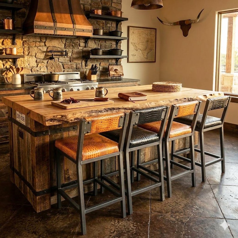 May include: A rustic kitchen island with a wooden countertop and metal accents. Four bar stools with textured leather seats in shades of brown and black are positioned around the island. The kitchen features a stone wall and copper cookware.