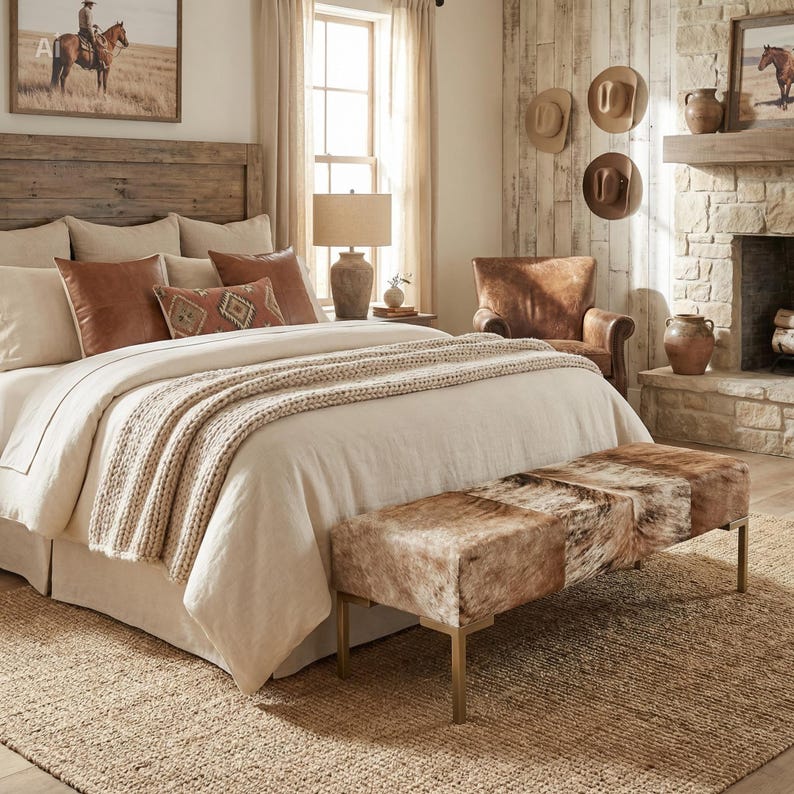 Genuine Cowhide Upholstered Bedroom Bench, End of Bed Bench, Entryway Bench, Modern Bed Bench - LFB70 image 6