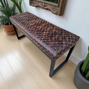 Vintage Diamond Stitched genuine Leather bench with embossed diamond stitched texture | Real leather upholstery + black steel frames - FPB