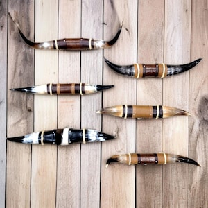 May include: Six decorative steer horns with leather and rope detailing. The horns display a range of colours, including brown, black, and white. They are arranged on a light brown wooden surface, creating a rustic aesthetic.