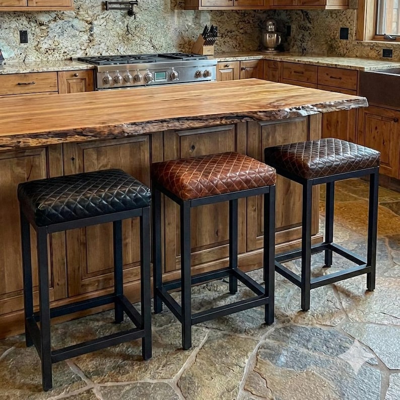 Diamond Stitched Leather Bar Stool, Steel Frame, Counter Stool, Kitchen Seating, Modern Barstool - FP image 1