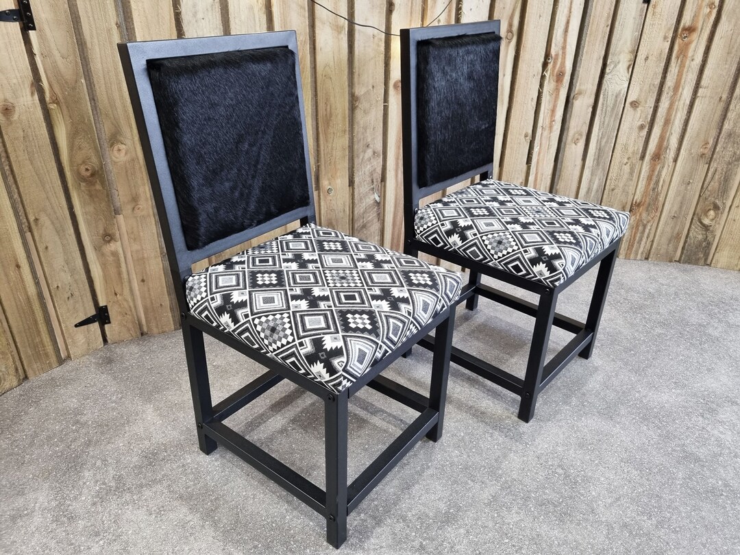 Cowhide Dining Chair Cowhide and Aztec Fabric Black and White Farmhouse