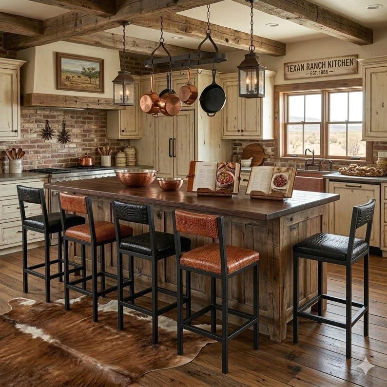 May include: A rustic kitchen with a large wooden island and bar stools. Copper pots hang above the island. The stools have black metal frames and brown or black textured seats. A cowhide rug is on the floor.