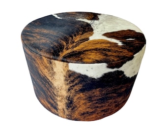 Genuine Cowhide Round Ottoman, Ottoman Coffee Table, Pouf Footstool, Western Decor, Cowhide Furniture - RO