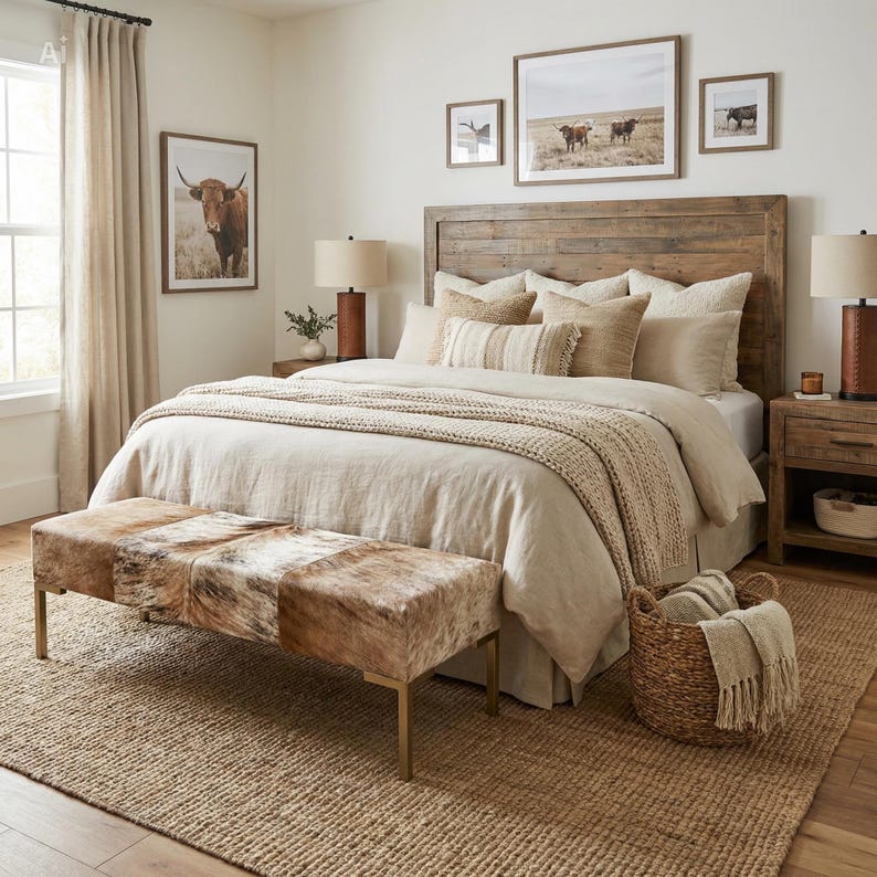 Genuine Cowhide Upholstered Bedroom Bench, End of Bed Bench, Entryway Bench, Modern Bed Bench - LFB70 image 2