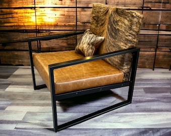 Handmade cowhide and distressed leather arm chair -  FREE SHIPPING - In stock and ready to ship!