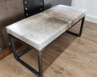 Cowhide bench / Cowhide ottoman - Genuine cowhide top and steel frame -  Handmade in England 100x45cm RGB